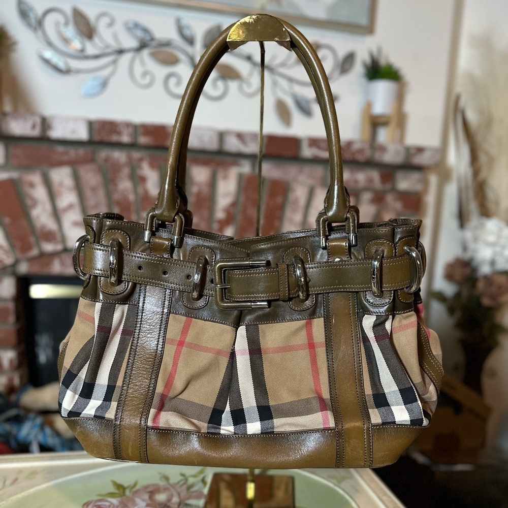 Burberry Brown Leather Nova Check Buckle Shoulder Bag
